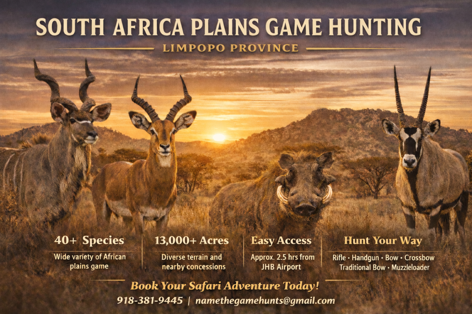 Advertisement for South Africa Plains Game Hunting in Limpopo Province with animals and sunset.